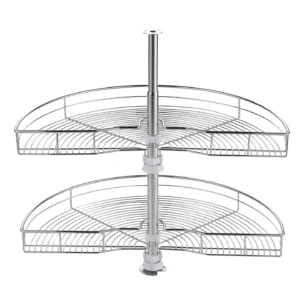 Panier à 2 niveaux métallique pivotant à 180 degrés, conçu pour optimiser le rangement des placards de cuisine d’angle